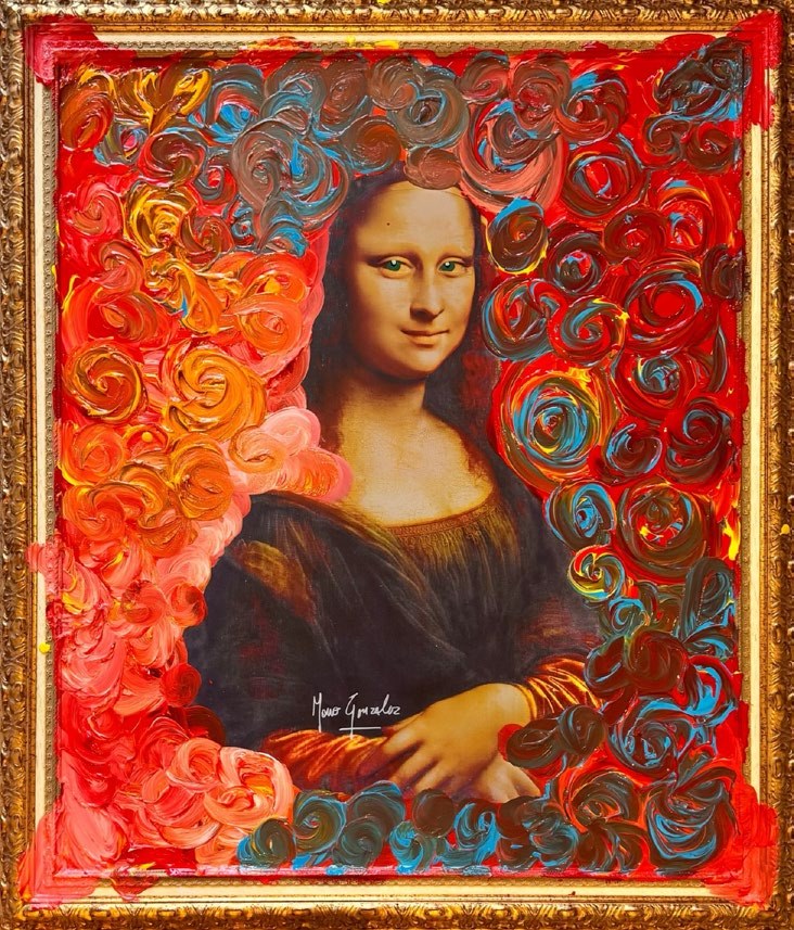 The Queen of the Elements: the classic Mona Lisa surrounded by swirls of red, orange and blue paint, in a gold frame
