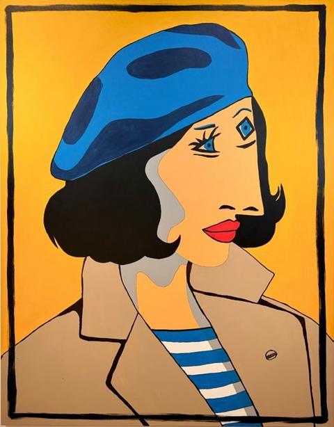 The French Woman with the Blue Beret: a woman with a third eye, a blue beret and a striped top, on yellow
