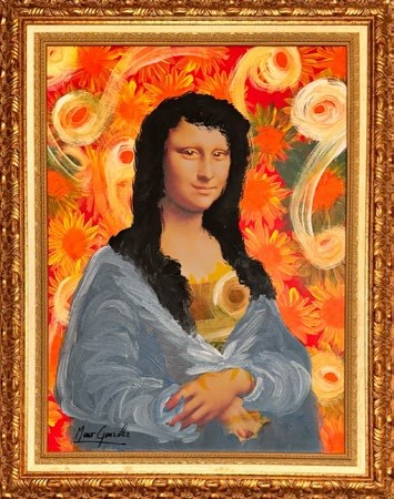 Radiance Among Sunflowers: the Mona Lisa surrounded by fiery orange sunflowers, in a gold frame