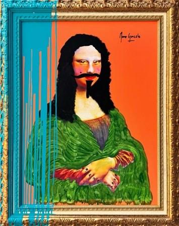 Masquerade: the Mona Lisa with a painted mustache in a green dress on orange, a turquoise line down the gold frame