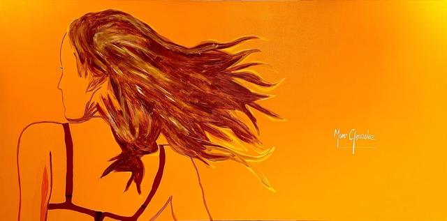 Quiet Decision: a woman with long flowing hair drawn in fine lines on a bright orange background