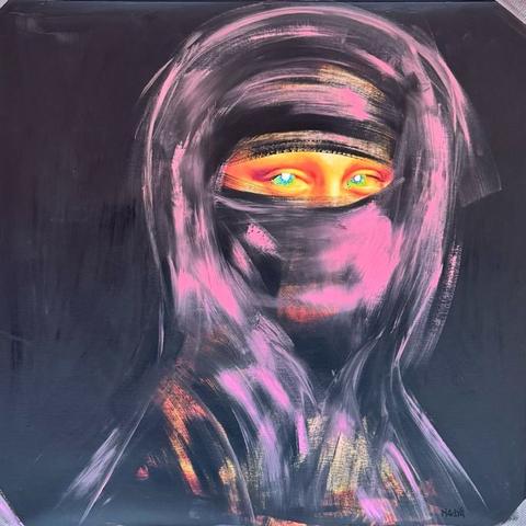 Nadya, Unbreakable Gaze: a veiled woman with blue eyes, painted in pink and violet strokes on black