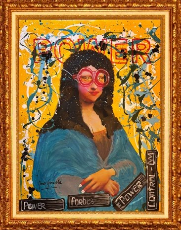 The Weight of Power: the Mona Lisa with pink glasses on yellow, with the words POWER and CONTROL, in a gold frame
