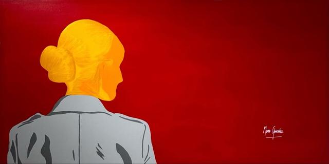 Recognized, Not Sought: a woman seen from behind in a grey jacket, on a deep red background