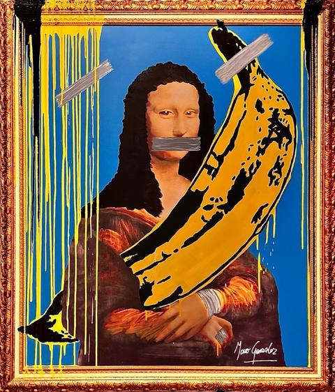 The Silence of Revolution: the Mona Lisa with grey tape over her mouth and a giant pop-art banana, on blue with yellow drips, in a gold frame