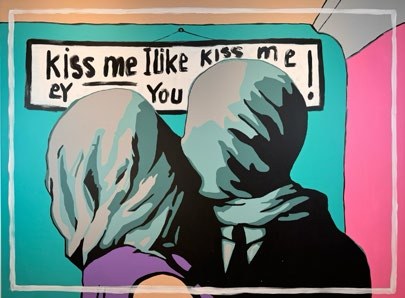 Kiss Me Like: two lovers with covered faces kissing on a train, under a sign that reads kiss me like