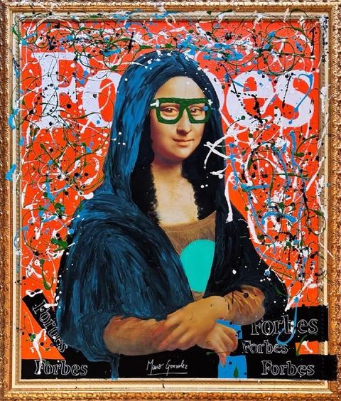 The Mona of Success: the Mona Lisa with green glasses on an orange Forbes cover, in a gold frame