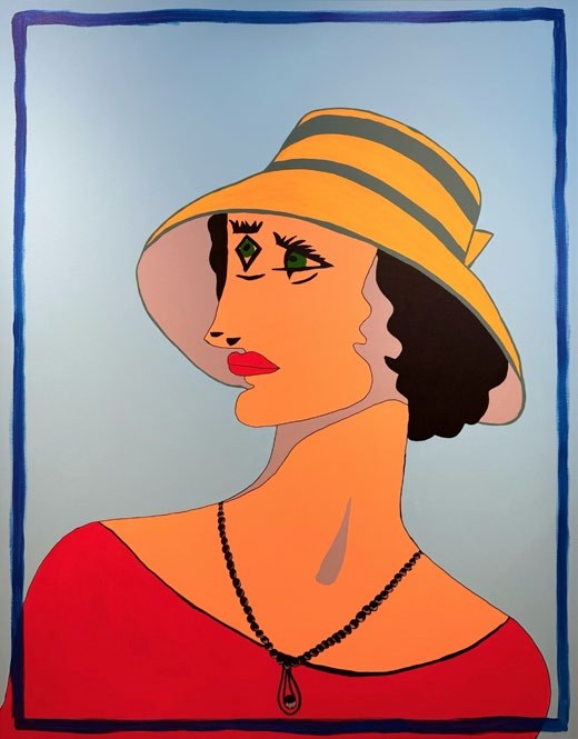The Lady with the Yellow Hat: a woman with a third eye, a striped yellow hat and a tear-shaped necklace, on pale blue