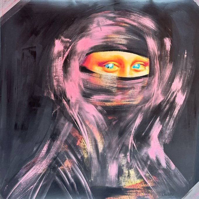 Echoes of Freedom: a veiled woman with golden skin and blue eyes, in pink strokes on black