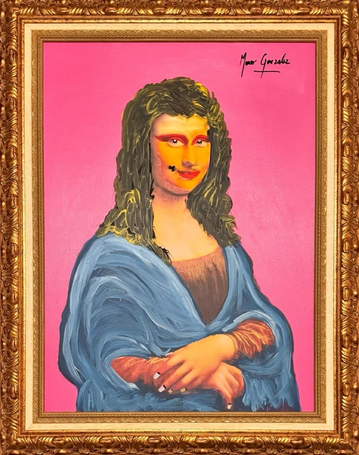 The Face of Rebirth: the Mona Lisa with an orange face and a blue shawl on a pink background, in a gold frame