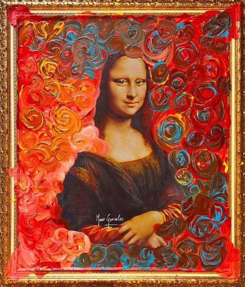 The Queen of the Elements: the classic Mona Lisa surrounded by swirls of red, orange and blue paint, in a gold frame