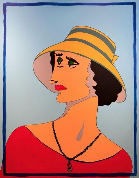 The Lady with the Yellow Hat: a woman with a third eye, a striped yellow hat and a tear-shaped necklace, on pale blue