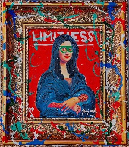 LIMITLESS, The Masterpiece: the Mona Lisa with a green mask under the word LIMITLESS on red, in a gold frame covered in paint splashes
