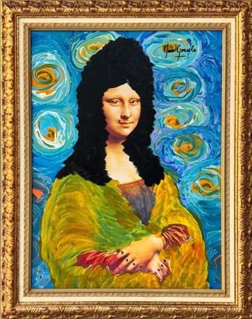 Echoes of Infinity: the Mona Lisa on a swirling blue sky inspired by Van Gogh, in a gold frame