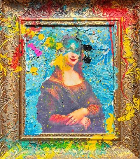 One of the 22 Co-Evolution works: the Mona Lisa with a blue mask in a gold frame splashed with yellow and red
