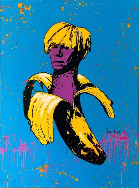 Pop Icon Peeled: Andy Warhol emerging from a peeled yellow banana on a bright blue background