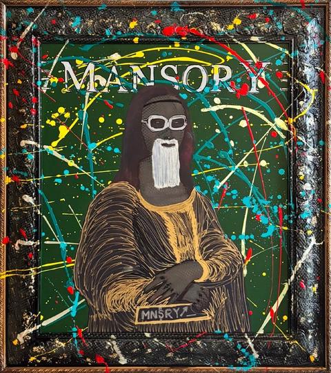 Certified Legend: a dark Mona Lisa with white glasses and a white beard under the word MANSORY, covered in paint splashes, in a black frame