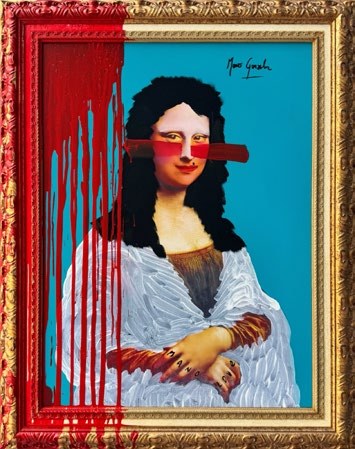 Veiled Identity, Myra: the Mona Lisa with a red line across her eyes, red paint dripping from the gold frame