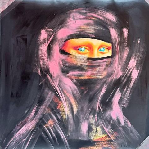 Echoes of Freedom: a veiled woman with golden skin and blue eyes, in pink strokes on black