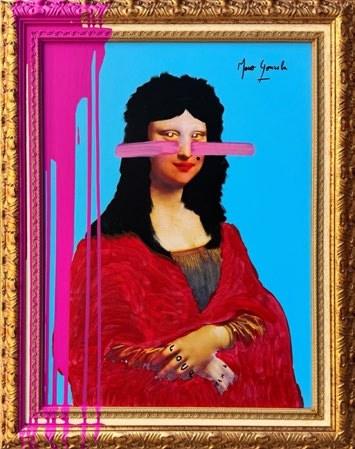 Rebirth of the Self: the Mona Lisa in red with a pink streak across her eyes, on electric blue, in a gold frame