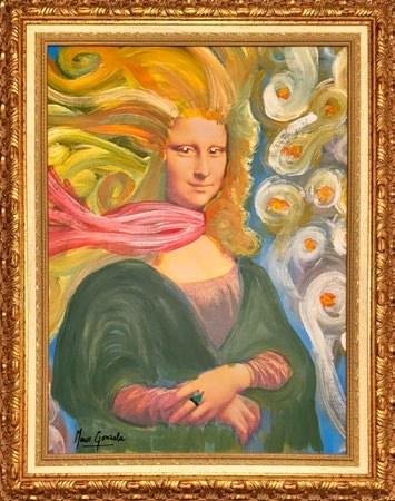 Rebirth of the Wind: the Mona Lisa with golden hair blown into swirls of air and a pink scarf, in a gold frame
