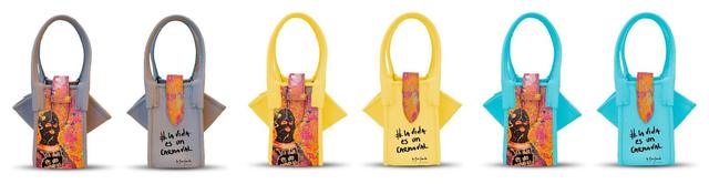 Six hand-painted Carnaval bags in grey, yellow and turquoise