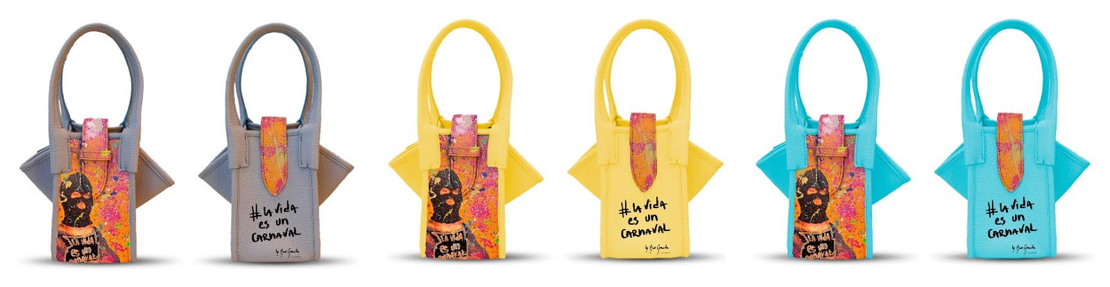 Six hand-painted Carnaval bags in grey, yellow and turquoise