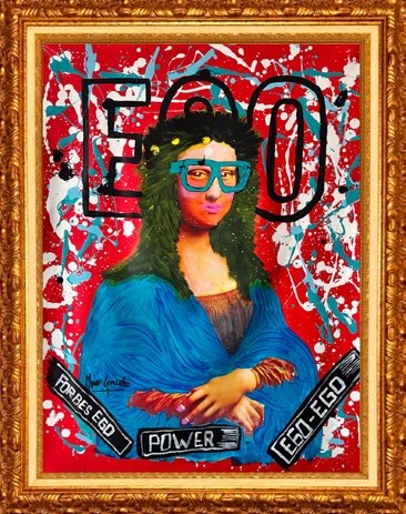 The Reflection of Ego: the Mona Lisa with turquoise glasses under the word EGO, on red and white splashes, in a gold frame