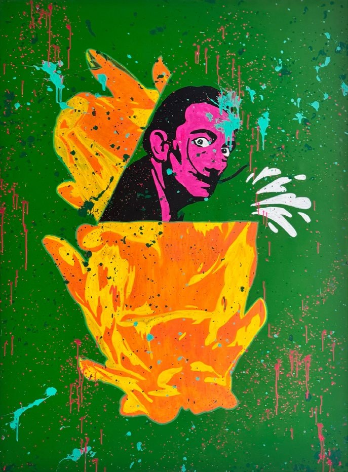 Surreal Escape: Salvador Dalí emerging from a yellow and orange splash on a green background