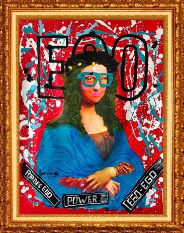 The Reflection of Ego: the Mona Lisa with turquoise glasses under the word EGO, on red and white splashes, in a gold frame