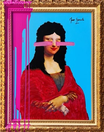 Rebirth of the Self: the Mona Lisa in red with a pink streak across her eyes, on electric blue, in a gold frame