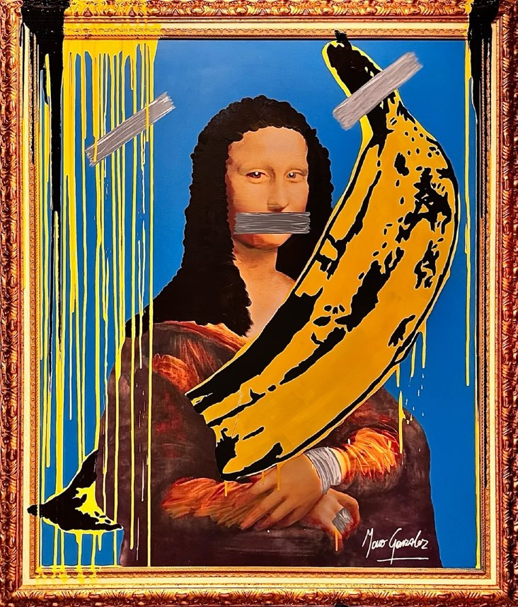 The Silence of Revolution: the Mona Lisa with grey tape over her mouth and a giant pop-art banana, on blue with yellow drips, in a gold frame