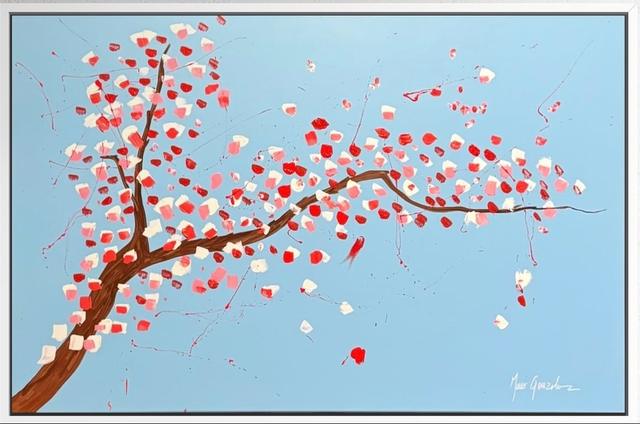Tokio was silence: a cherry blossom branch with red and white petals on a pale blue background
