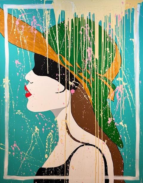 The Woman of Blurred Vision: a woman in profile with a green hat and red lips, covered in paint drips, on turquoise