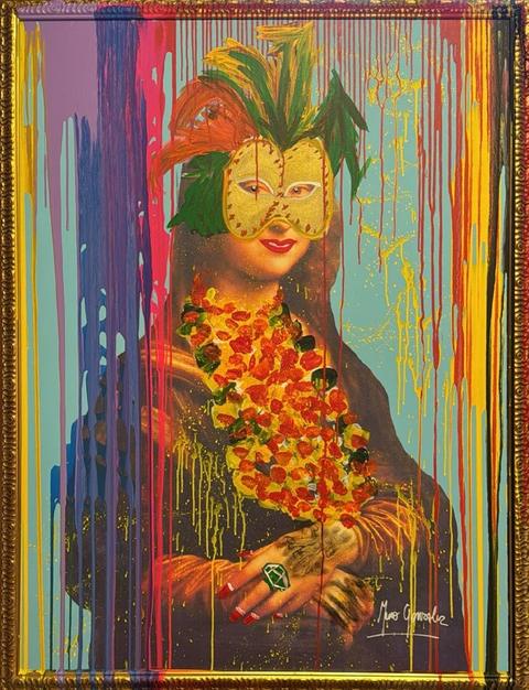 The Story of Madame Butterfly: the Mona Lisa in a feathered carnival mask and a floral necklace, with colorful drips, in a gold frame