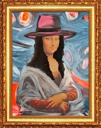 Muse of Shadows and Skies: the Mona Lisa in a pink hat against a starry blue sky, in a gold frame