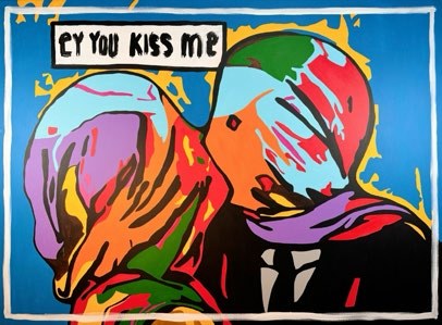Ey You Kiss Me: two lovers with covered faces kissing, painted in an explosion of bright colors