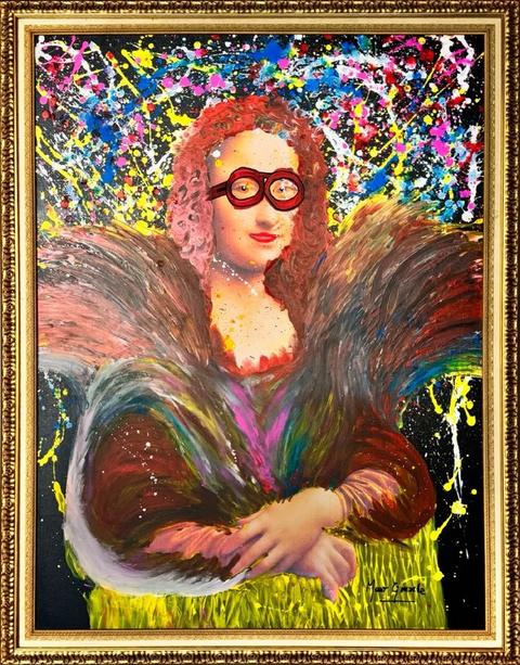 Cosmic Expression: the Mona Lisa with red hair and round glasses in swirling robes, on a black background full of colorful splatters