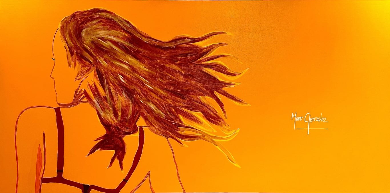 Quiet Decision: a woman with long flowing hair drawn in fine lines on a bright orange background