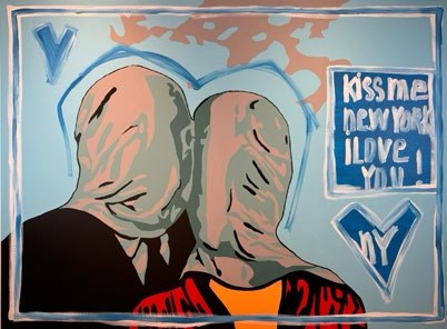 Kiss Me New York, I Love You: two lovers with covered faces kissing, next to a sign that reads Kiss me New York I love you