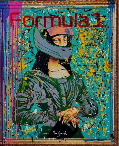 The Speed of Eternity: the Mona Lisa in a racing helmet under the words Formula 1, with turquoise and yellow splashes, in a gold frame